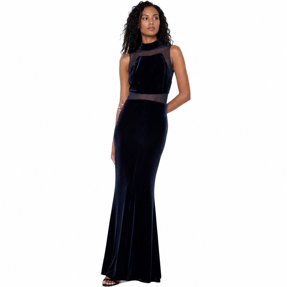 Betsy Adam Womens Gown Blue Sz 2 Velvet Mesh Mock Neck Formal Glam Elegant Goth‎